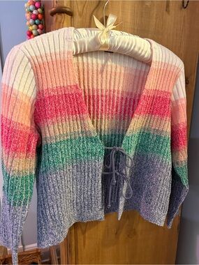 Free People Trouble Maker Cardi Tie-Front Multicolor Ribbed Cardigan Sweater